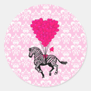 Pegatina Redonda Cebra del vintage y globos rosados del corazón