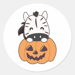 Pegatina Redonda Cebra En Calabaza Cute Zebras Feliz Halloween
