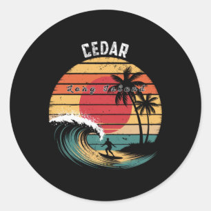 Pegatina Redonda Cedar Beach Long Island Playa Surfing 