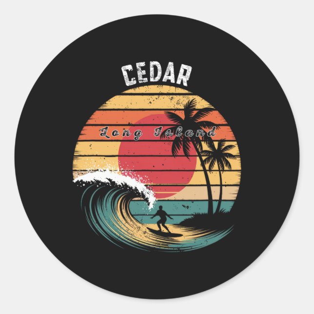 Pegatina Redonda Cedar Beach Long Island Playa Surfing  (Anverso)
