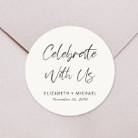 Pegatina Redonda Celebra Con El Boda Cream De Ee. Uu.<br><div class="desc">Un pegatina crema de moda para las invitaciones a la recepción de bodas y guardar las fechas de "Celebrar con nosotros" en un guión moderno y sus nombres y fecha en una tipografía serif simple y elegante.</div>