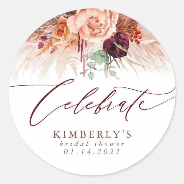 Pegatina Redonda Celebra Terracota Floral Pampas Grass (Anverso)