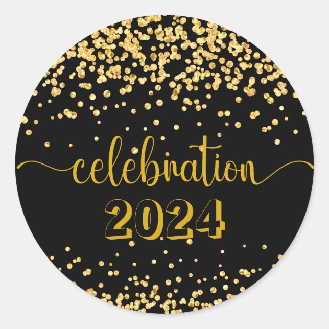 Pegatina Redonda Celebración Año Nuevo, purpurina de cumpleaños oro (Anverso)