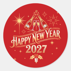 Pegatina Redonda Celebración de Año Nuevo 2027 Feliz