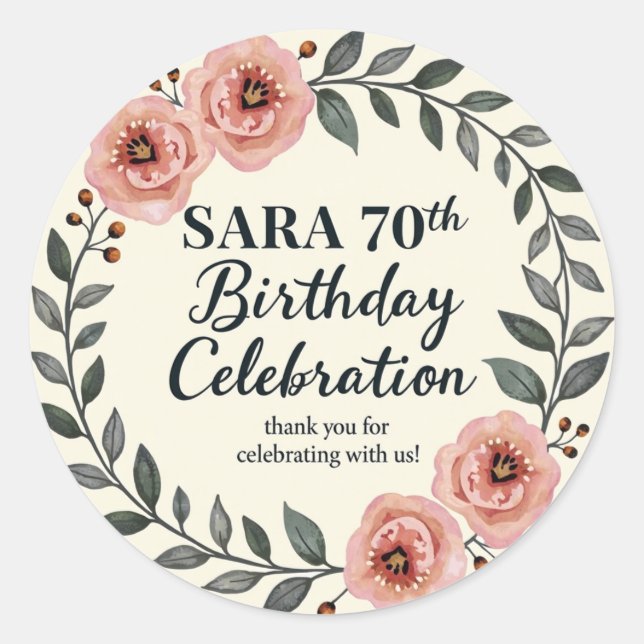 Pegatina Redonda Celebración de cumpleaños floral (Anverso)