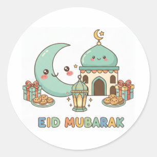 Pegatina Redonda Celebración de Eid Mubarak - Luna sonriente Kawaii