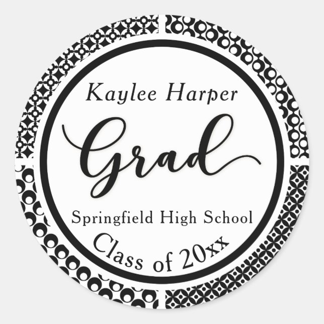 Pegatina Redonda Celebración de graduación de patrones blancos y ne (Anverso)