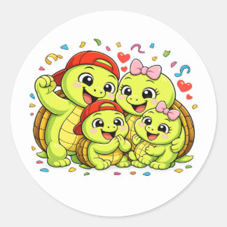 Pegatina Redonda Celebración de la Familia de Tortugas