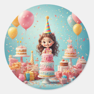 Pegatina Redonda 🎉 Celebración de pastel de cumpleaños de niños Fi