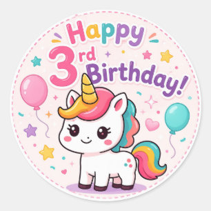 Pegatina Redonda Celebración del 3er Cumpleaños del Unicornio Mágic