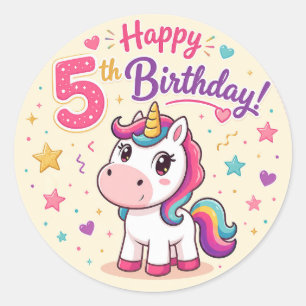 Pegatina Redonda Celebración del 5º cumpleaños del Unicornio Mágico