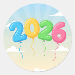Pegatina Redonda Celebrar 2026 con globos flotantes de colores