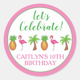 Pegatina Redonda Celebrar el cumpleaños Flamingo Palm Tree Pineappl