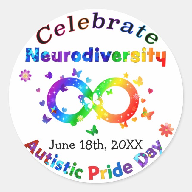Pegatina Redonda Celebrar el Día del Orgullo Autista de la Neurodiv (Anverso)