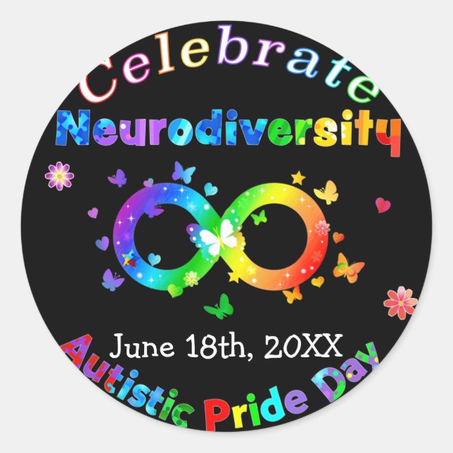 Pegatina Redonda Celebrar el Día del Orgullo Autista de la Neurodiv (Anverso)