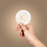 Pegatina Redonda celestial midnight gold moon Wedding Classic Round<br><div class="desc">Our "celestial gold" collection features beautiful crescent moon with gold stars in various designs on a velvet midnight blue background paired with elegant fonts. Easy to you to customize and you can choose among many items from this collection in our store.</div>