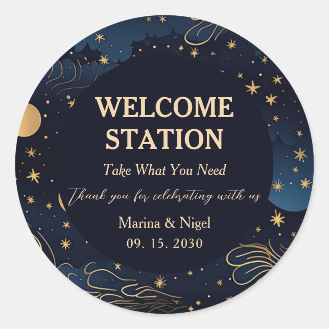 Pegatina Redonda Celestial Navy Gold Wedding Welcome Station (Anverso)