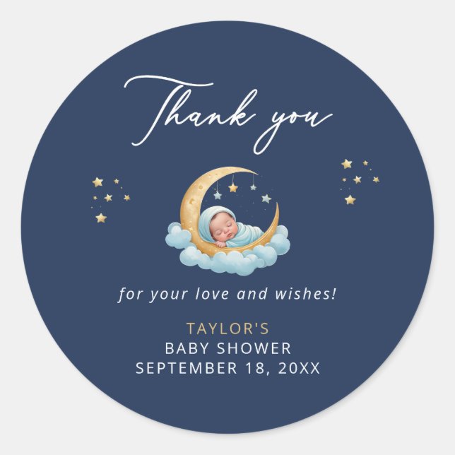 Pegatina Redonda Celestial Navy Moon Baby Shower Thank You Sticker (Anverso)