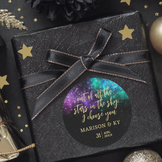 Pegatina Redonda Celestial Night Sky Space Nebula Gold Star Wedding