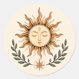 Pegatina Redonda Celestial Sun Face Botanical Mystical Art