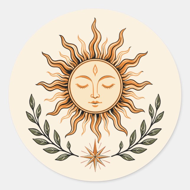 Pegatina Redonda Celestial Sun Face Botanical Mystical Art (Anverso)
