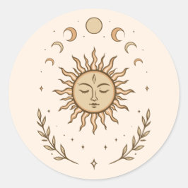 Pegatina Redonda Celestial Sun Moon Phases Mystical Botanical Art