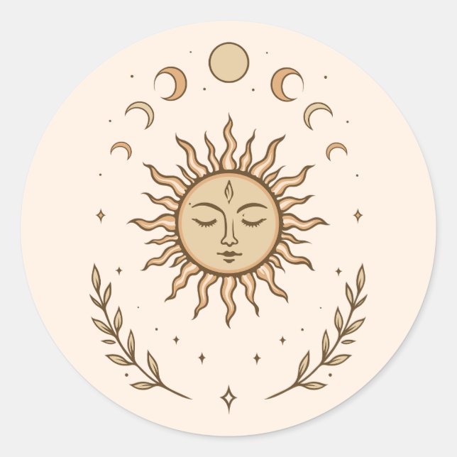 Pegatina Redonda Celestial Sun Moon Phases Mystical Botanical Art (Anverso)