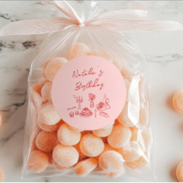 Pegatina Redonda Cena de cumpleaños con vajilla roja dibujada a man