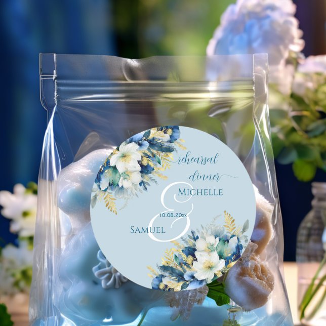 Pegatina Redonda Cena de ensayo floral con brillo dorado azul polvo (Subido por el creador)