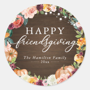 Pegatina Redonda Cena de Friendsgiving Floral Otoño Rústico