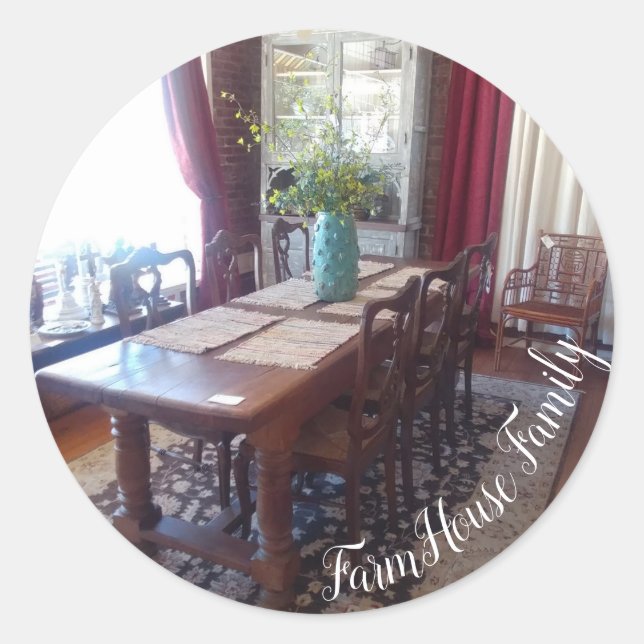 Pegatina Redonda Cena familiar de granja (Anverso)