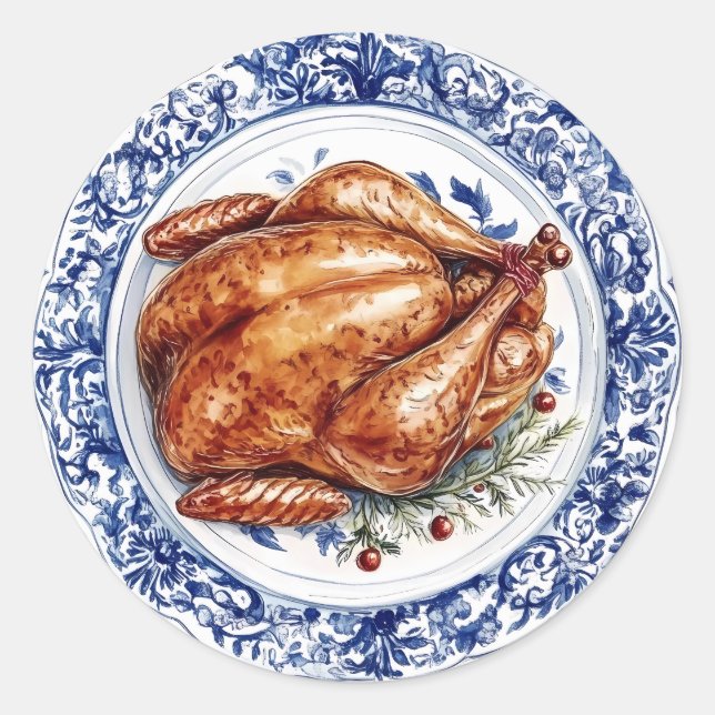 Pegatina Redonda Cena turca en una platica chinoiserie azul (Anverso)