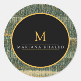 Pegatina Redonda Cepillo verde elegante con oro y negro