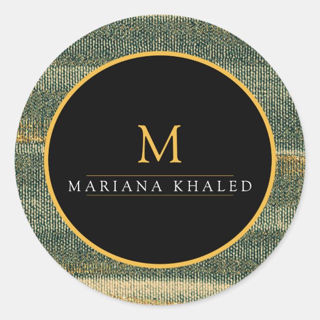 Pegatina Redonda Cepillo verde elegante con oro y negro (Anverso)