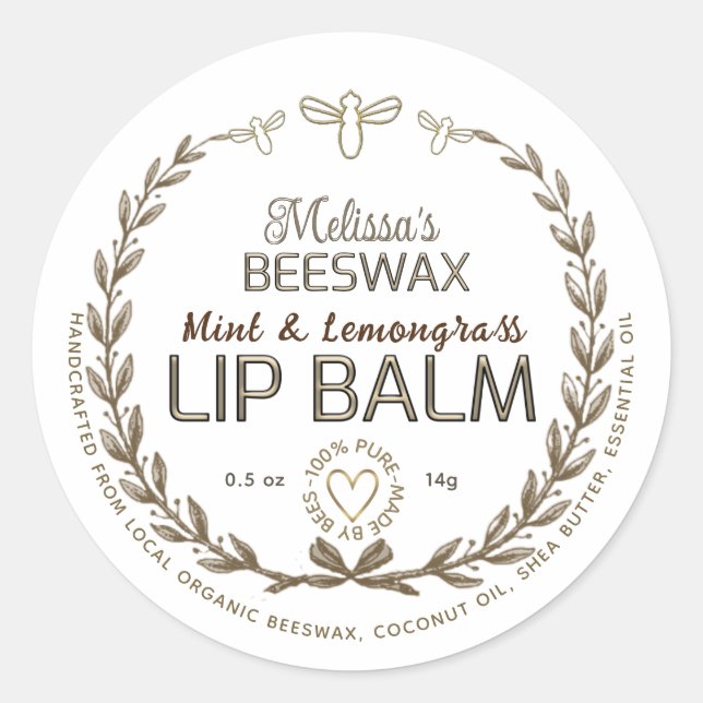 Pegatina Redonda Cera de Beeswax Lip Gloss Balm Wreath Bee Heart (Anverso)