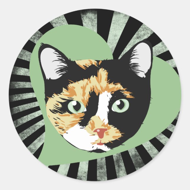 Pegatina Redonda Cerámica de gato Calico (Anverso)