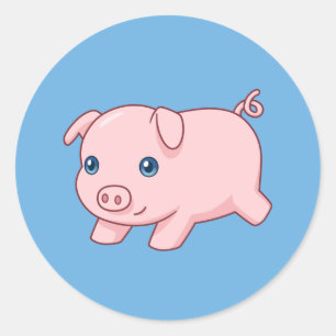 Pegatina Redonda Cerdito adorable corriendo sobre azul