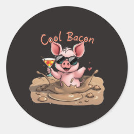Pegatina Redonda Cerdito "Cool Bacon" con gafas de sol