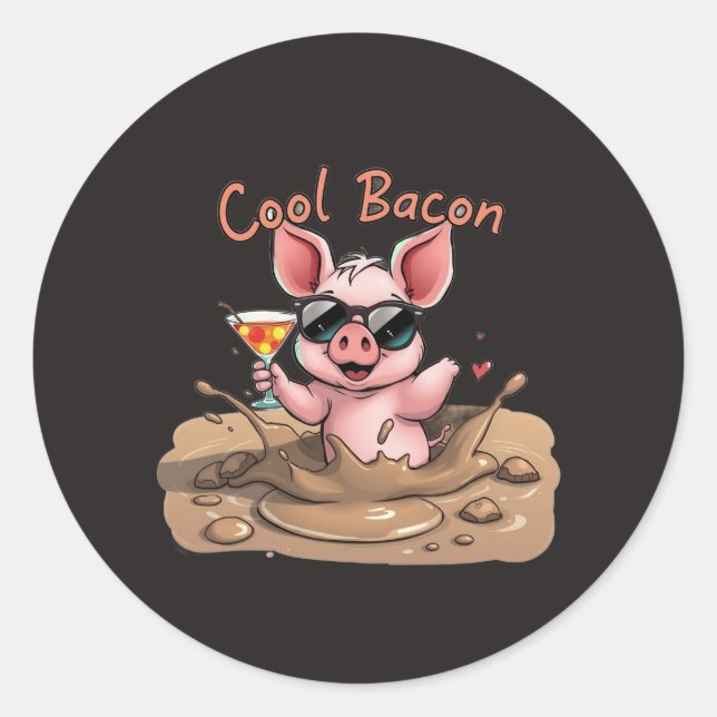 Pegatina Redonda Cerdito "Cool Bacon" con gafas de sol (Anverso)