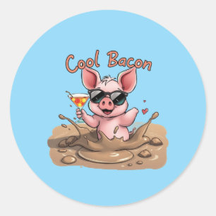 Pegatina Redonda Cerdito "Cool Bacon" con gafas de sol