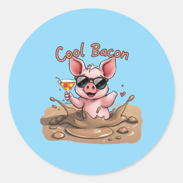 Pegatina Redonda Cerdito "Cool Bacon" con gafas de sol (Anverso)