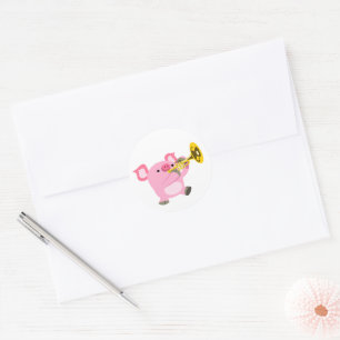 Pegatina Redonda Cerdito de dibujos animados lindo tocando la tromp