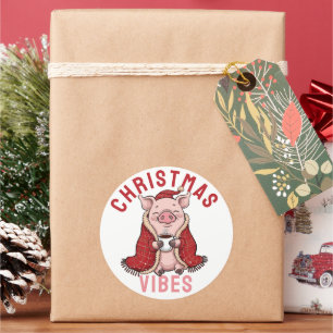 Pegatina Redonda Cerdito Navideño Lindo y Acogedor