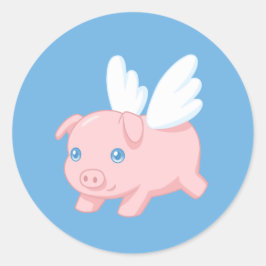 Pegatina Redonda Cerdito volador con alas sobre azul