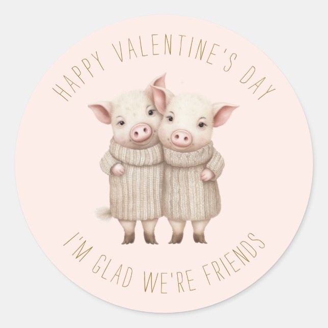 Pegatina Redonda Cerditos Lindos Rosa Día de San Valentín (Anverso)