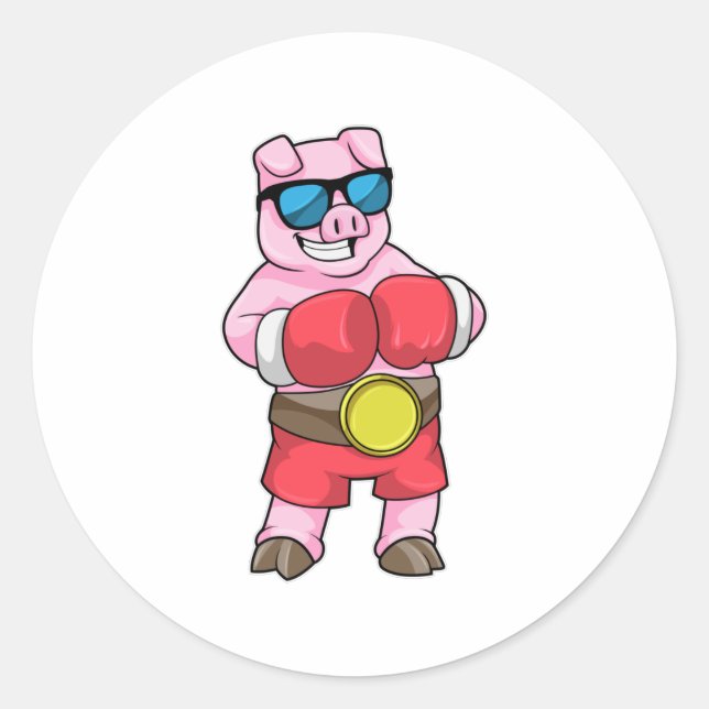 Pegatina Redonda Cerdo como boxeador con guantes de boxeo (Anverso)