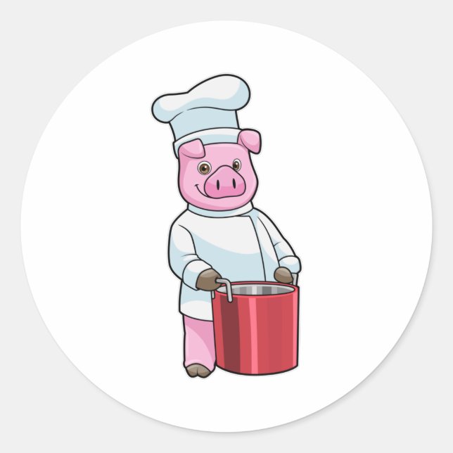 Pegatina Redonda Cerdo como cocinero con olla de cocina (Anverso)