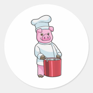 Pegatina Redonda Cerdo como cocinero con olla de cocina