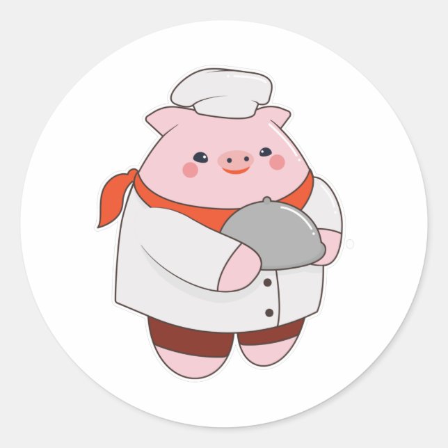 Pegatina Redonda Cerdo como cocinero con Plata (Anverso)