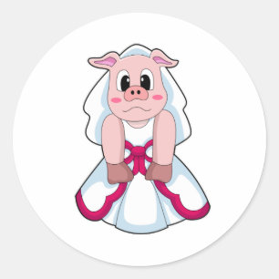 Pegatina Redonda Cerdo como novia con vestido Boda